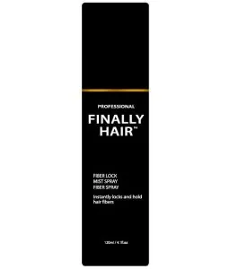 Black bottle of Finally Hair Fiber Lock Mist Spray with a professional label and 120ml capacity.