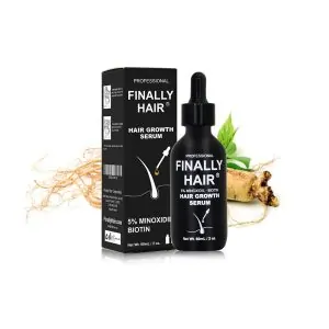 Bottle of Finally Hair Growth Serum with a dropper next to its packaging, featuring a natural ingredient background.