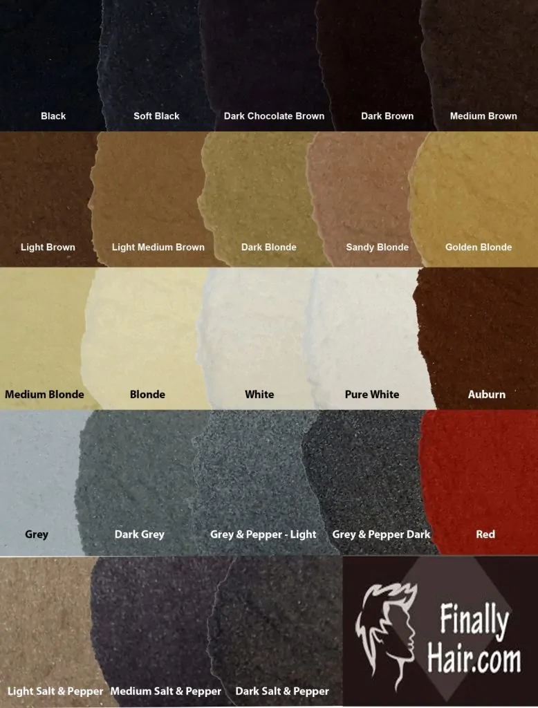 Finally Hair professional color chart showing 23 shades of hair fibers from Soft Black to Salt and Pepper.