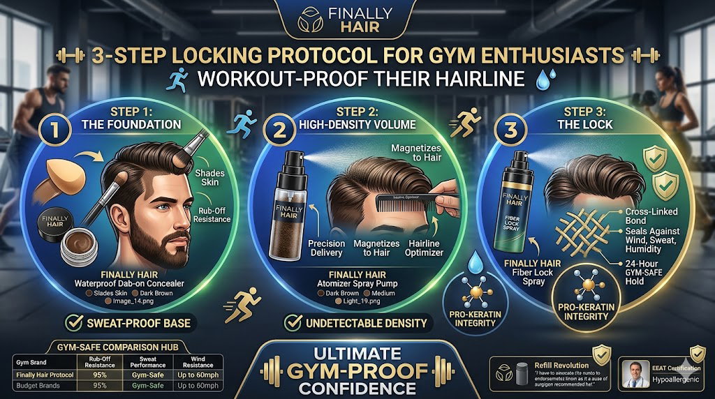 finally-hair-gym-safe-fiber-protocol An instructional infographic titled '3-Step Locking Protocol for Gym Enthusiasts.' It features three numbered steps: 1. The Foundation, showing the application of Finally Hair Waterproof Dab-on Concealer; 2. High-Density Volume, showing the use of an Atomizer Spray Pump and Hairline Optimizer with Finally Hair fibers; and 3. The Lock, showing Finally Hair Fiber Lock Spray creating a cross-linked bond. Below the steps is a comparison hub highlighting 95% rub-off resistance and gym-safe performance.
