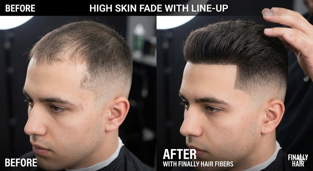 Before and after comparison of a men's High Skin Fade with a sharp Line-Up, showing how Finally Hair building fibers fill in a thinning crown and receding temples to create a high-definition, dense, and professional barber-style finish
