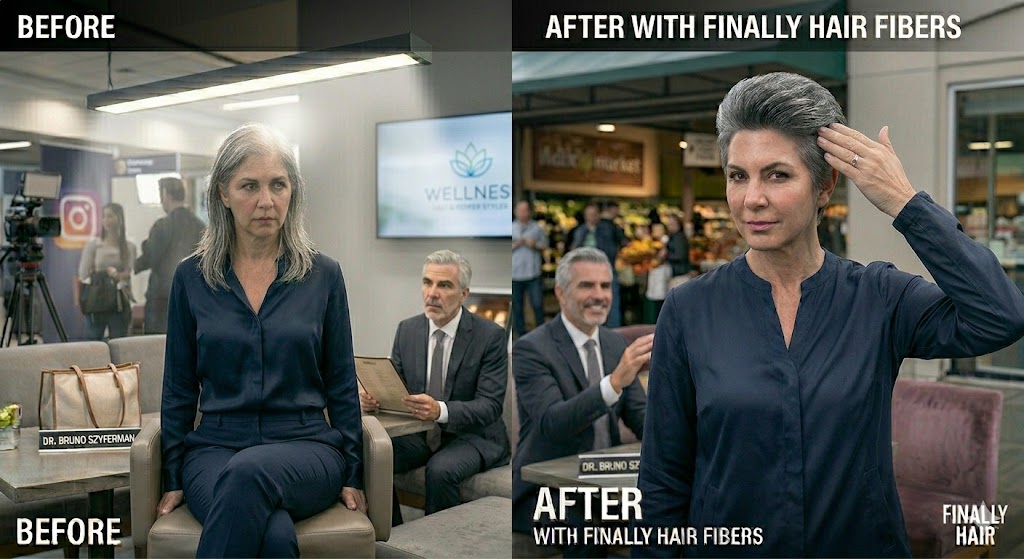 Before and after comparison of a woman with salt and pepper hair, showing dense coverage achieved with Finally Hair's specialized salt and pepper blend.