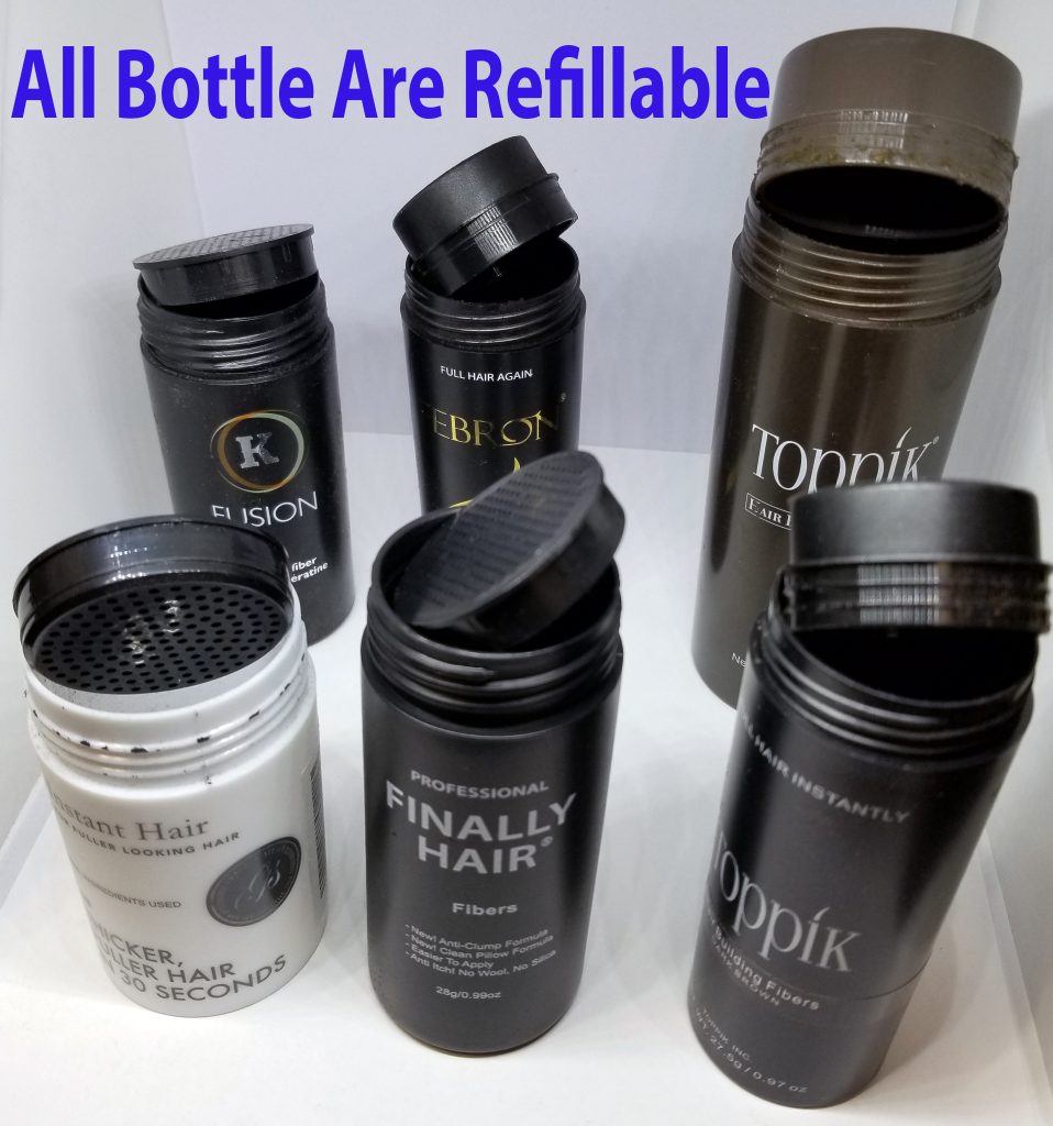 all hair fiber bottles open so you can refill them, here is how to open bottles from Toppik, Xfusion, Bosley, Boldify, Caboki, Sure Thik, Eclipse, Infinity, Jargod, Sevich, Hair Illusion, and other hair fiber brands.