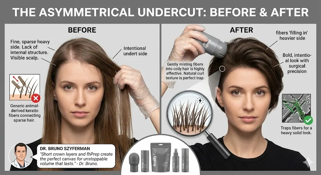 A professional before and after comparison of an asymmetrical undercut hairstyle using Finally Hair® fibers. The 'Before' panel shows a woman with long hair on one side and a thinning 'heavy side' where the scalp is visible through sparse strands. The 'After' panel showcases a bold, intentional look with a shorter, chic cut where Finally Hair® Keratin-Style Fibers have been used to 'fill in' the density for a thick, solid appearance. A magnifying glass highlights the fibers trapped within the hair texture for a natural finish. The graphic includes a recommendation from Dr. Bruno Szyferman on creating the perfect canvas for unstoppable volume, featuring the fhPrep Solution and Fiber Lock Spray.