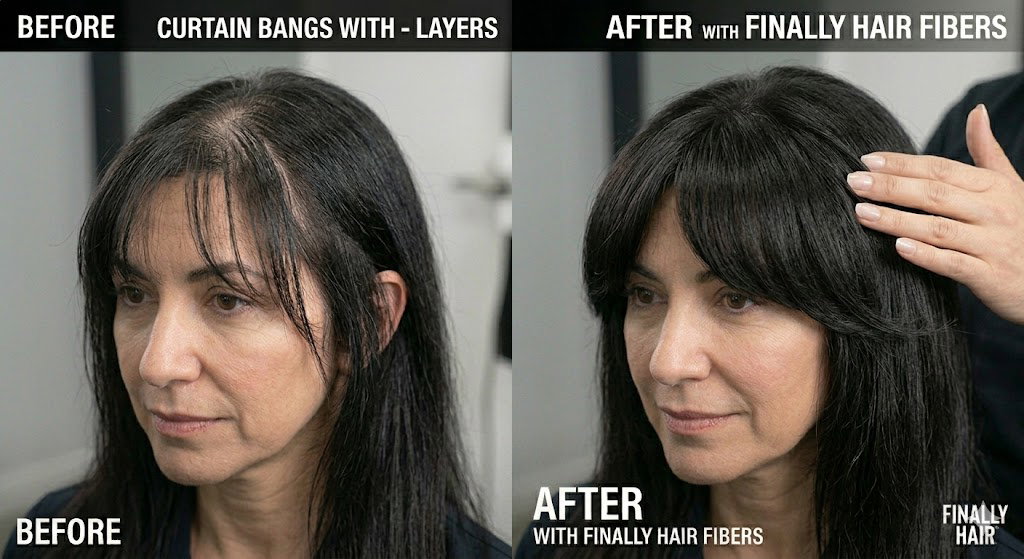 Before and after transformation of a women's Curtain Bangs with Face-Framing Layers hairstyle, showing how Finally Hair building fibers fill in gaps and add instant root volume to create a lush, dense, and perfectly high-definition look.