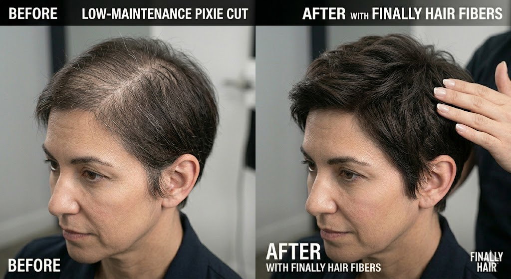 Before and after transformation of a women’s Low-Maintenance Pixie Cut, showing how Finally Hair building fibers fill in sparse patches and thinning areas to create a high-definition, textured, and dense look that blends seamlessly with short, natural hair.