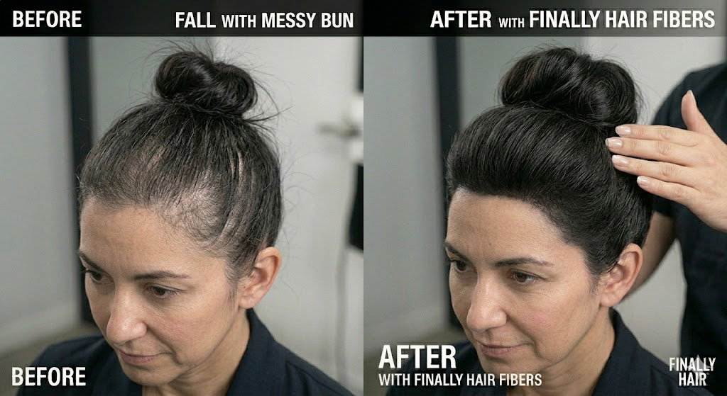 Before and after transformation of a women's Messy Bun with "Effortless" Volume hairstyle, demonstrating how Finally Hair building fibers fill in a thinning crown and hide "tracks" to create a lush, dense, and perfectly high-definition look that is full and natural.