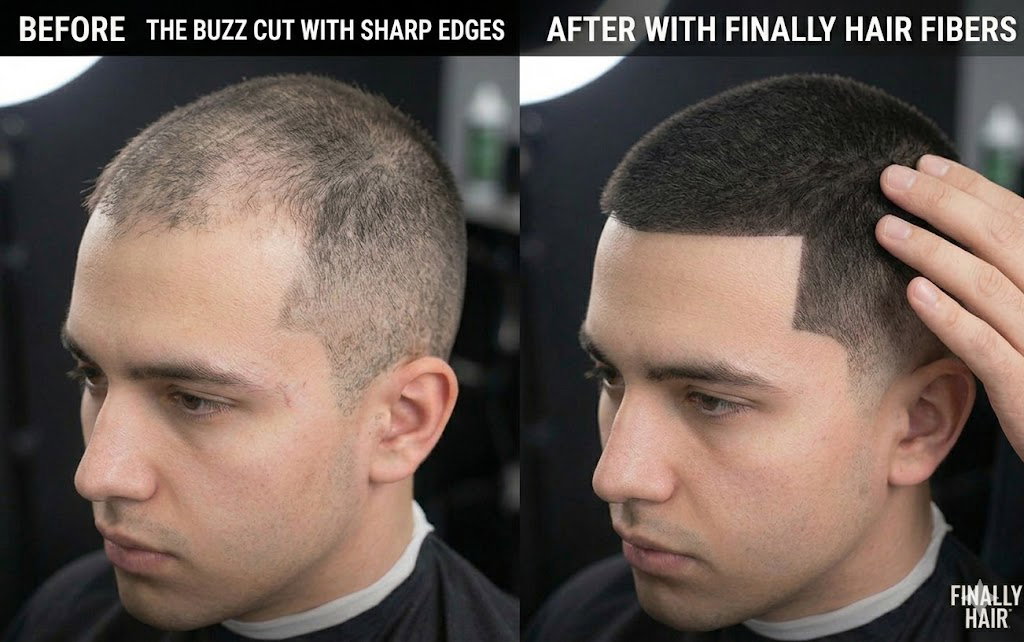 Before and after comparison of a men's Buzz Cut with Sharp Edges, demonstrating how Finally Hair building fibers fill in thin patches and a receding hairline to create a perfectly dense, high-definition "edge up" with a natural finish.