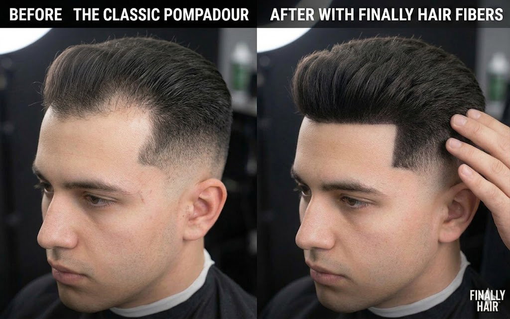 Before and after comparison of a men's Classic Pompadour hairstyle, showing how Finally Hair building fibers fill in a receding widow's peak and thinning temples to create a dense, full, and professionally styled look without altering the high skin-fade sides.