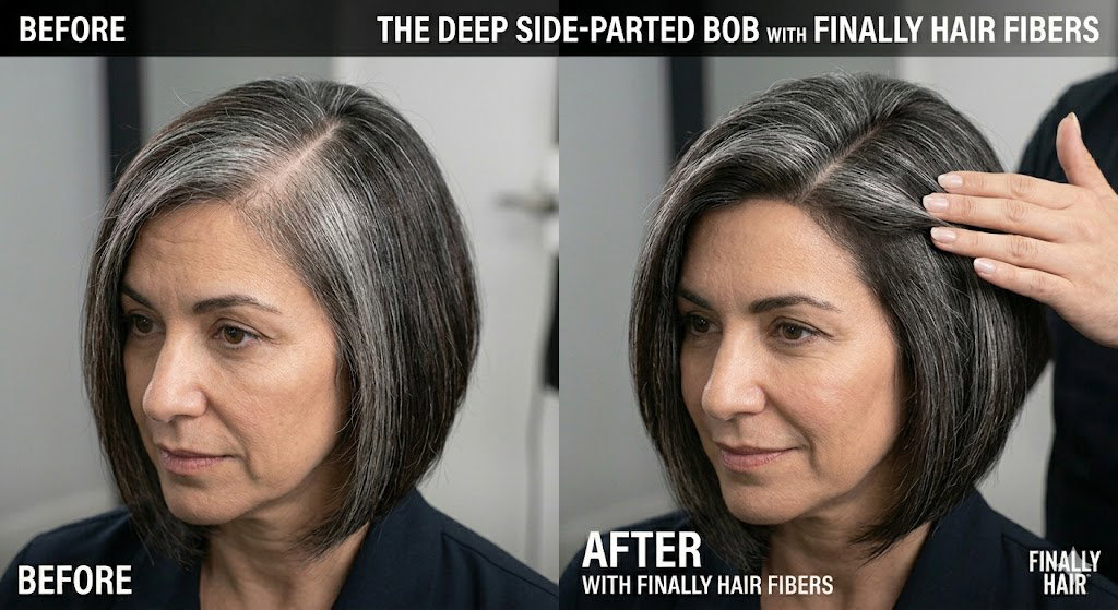 Before and after transformation of a women's Deep Side-Parted Bob hairstyle, demonstrating how Finally Hair building fibers fill in a wide part line and thinning crown to create a high-definition, dense, and voluminous look that perfectly matches natural salt and pepper hair tones.