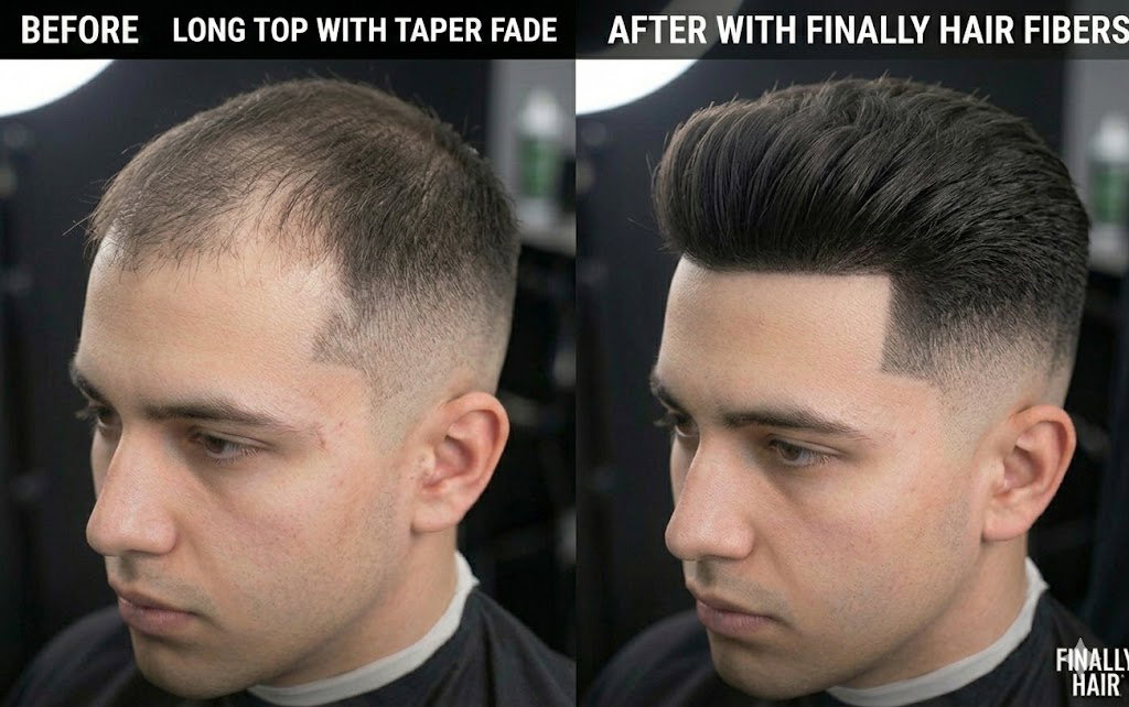 Before and after transformation of a men's Long Top with Taper Fade hairstyle, showing how Finally Hair building fibers fill in a sparse crown and receding part line to create a high-definition, dense, and natural-looking 3D voluminous finish.