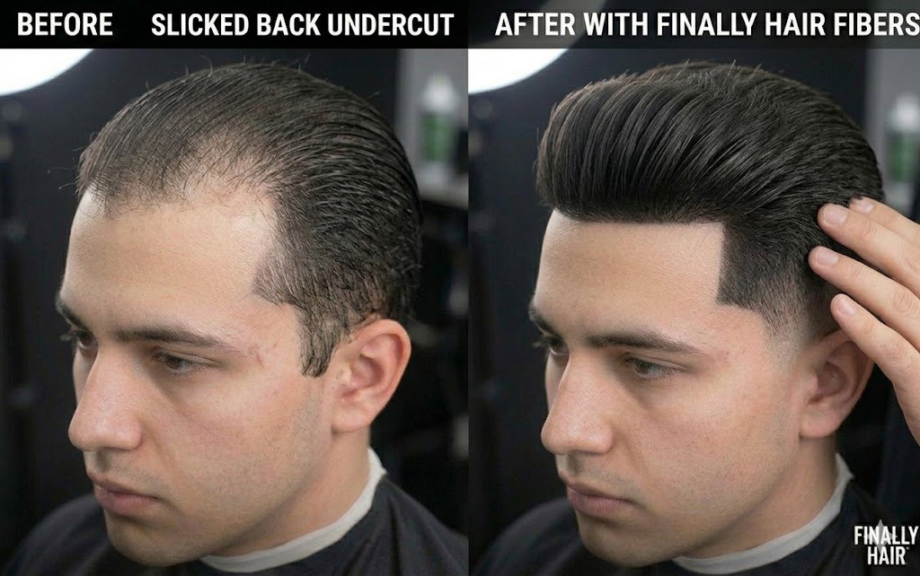 Before and after transformation of a men's Slicked Back Undercut hairstyle, demonstrating how Finally Hair building fibers remove scalp show-through and add high-definition, voluminous density to create a perfectly thick and seamless pushed-back style.