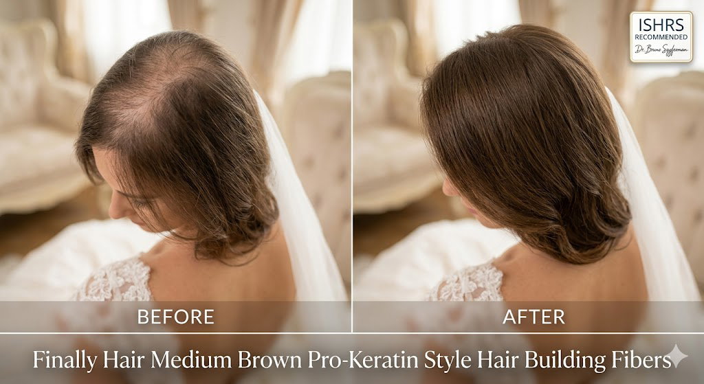 A professional split-screen before and after comparison of a bride on her wedding day using Finally Hair Medium Brown pro-keratin hair building fibers. The 'Before' image shows noticeable thinning on the crown and part line against a bridal background. The 'After' image reveals a full, dense, and natural-looking hairstyle that seamlessly blends with her brunette hair, providing undetectable coverage for wedding photography. The graphic features the ISHRS recommendation seal and endorsement by hair surgeon Dr. Bruno Szyferman.