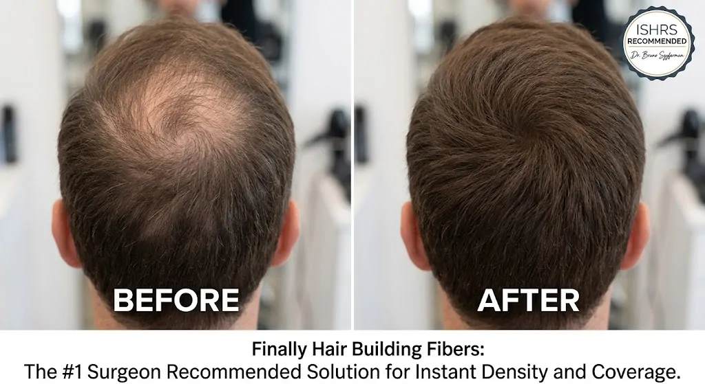 A high-resolution before-and-after comparison of a man with significant crown thinning. The 'Before' image shows a clear thinning pattern on the vertex of the scalp. The 'After' image demonstrates full, natural-looking density achieved with Finally Hair building fibers, showing an undetectable blend with his natural brown hair. The graphic includes the official ISHRS Recommendation seal and an endorsement by acclaimed hair surgeon Dr. Bruno Szyferman, titled 'The #1 Surgeon Recommended Solution for Instant Density and Coverage.
