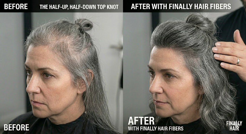 Before and after transformation of a women's Half-Up, Half-Down Top Knot hairstyle, demonstrating how Finally Hair building fibers fill in crown thinning and an exposed part line to create a lush, dense, and perfectly high-definition look that is full and natural.