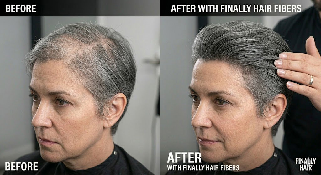 Before and after transformation of a woman’s Salt and Pepper Modern Comb-Over, illustrating how Finally Hair building fibers fill in a thinning part and crown to create a high-definition, dense, and youthful look that matches natural grey and silver hair.