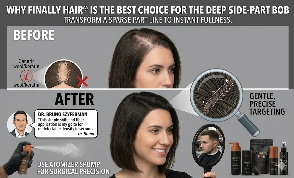 A side-by-side before and after comparison of a woman with a deep side-part bob using Finally Hair® fibers. The 'Before' image shows a wide, sparse part line with visible scalp. The 'After' image shows the same woman smiling with a dense, full part line achieved by shifting the part and applying fibers. A magnifying glass highlights the precision of the fibers magnetizing to the hair. The graphic includes a recommendation from Dr. Bruno Szyferman and a demonstration of the Atomizer Spray Pump for surgical precision. A lineup of Finally Hair® products—including the Fiber Lock Spray and refillable applicator—is shown at the bottom right.