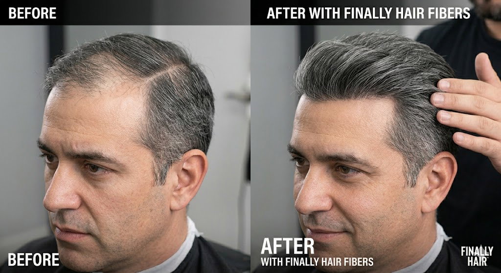 Before and after transformation of a men’s Salt and Pepper Modern Comb-Over, demonstrating how Finally Hair building fibers fill in a thinning crown and sparse part line to create a high-definition, dense look that perfectly matches natural grey and silver hair tones.
