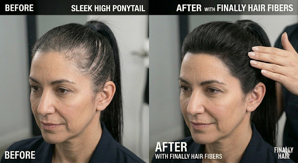 Before and after transformation of a women's Sleek High Ponytail hairstyle, demonstrating how Finally Hair building fibers conceal thinning temples and a receding hairline to create a high-definition, dense, and perfectly sharp pulled-back look.