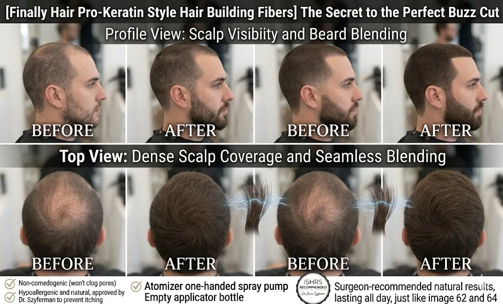 A professional four-panel before-and-after comparison grid titled: "The Secret to the Perfect Buzz Cut." The graphic illustrates how Finally Hair Pro-Keratin Style building fibers create the illusion of a full head of hair on a short buzz cut and fill in patchy facial hair. Top Row (Profile View - Scalp Visibility & Beard Blending): The "Before" image shows a man with a #2 guard buzz cut and significant scalp visibility at the crown, along with a patchy beard. The "After" image shows a dark, dense scalp and a rugged, fully filled-in beard with seamless blending. Bottom Row (Top View - Dense Scalp Coverage): The "Before" image reveals a large thinning area at the vertex. The "After" image shows total coverage with an undetectable finish. Blue static charge icons demonstrate how the fibers bond electrostatically to the short hair shafts. The central ISHRS Recommended Seal features Dr. Bruno Szyferman's endorsement. Bottom icons and text highlight that the formula is non-comedogenic (won't clog pores) and recommend the Atomizer one-handed spray pump for precise distribution.