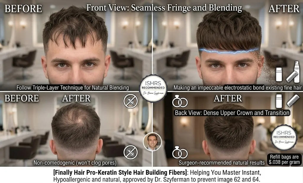 A professional four-panel before-and-after comparison grid titled: "Front View: Seamless Fringe and Blending" and "Back View: Dense Upper Crown and Transition." The graphic illustrates how Finally Hair Pro-Keratin Style building fibers enhance a "French Crop" style to conceal a receding hairline and thinning crown. Top Row (Front View): The "Before" image shows a man with a textured fringe and significant thinning at the hairline and temples. The "After" image shows an incredibly thick, dense frontal edge with a natural blend. A blue lightning icon illustrates the electrostatic bond to existing fine hair. Bottom Row (Back View): The "Before" image reveals a thinning upper crown area where the forward-directed hair begins. The "After" image shows a perfectly filled, dense transition that looks natural from all angles. The central ISHRS Recommended Seal features Dr. Bruno Szyferman's endorsement. Text and icons highlight that the product is non-comedogenic (won't clog pores) and recommend the refill bags starting at $0.38 per gram for the best value.