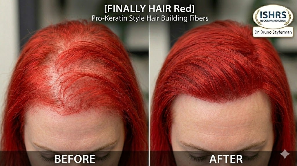 A professional before-and-after comparison in a split-screen format, showcasing the transformative effect of Finally Hair Red pro-keratin style hair building fibers.
The 'BEFORE' image on the left displays a woman with vibrant, bright red hair experiencing significant diffuse thinning on the crown and frontal hairline, making the scalp clearly visible. The 'AFTER' image on the right shows the same area after applying the fibers, resulting in a full, dense, and natural-looking head of hair. The bright red fibers provide a seamless color match and undetectable finish. The graphic includes the ISHRS recommendation seal and endorsement by acclaimed hair restoration surgeon Dr. Bruno Szyferman.
