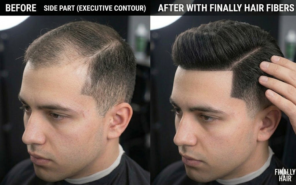 Before and after transformation of a men's Side Part (Executive Contour) hairstyle, demonstrating how Finally Hair building fibers remove scalp show-through along the part line and add high-definition, dense volume to create a perfectly full and defined classic look.