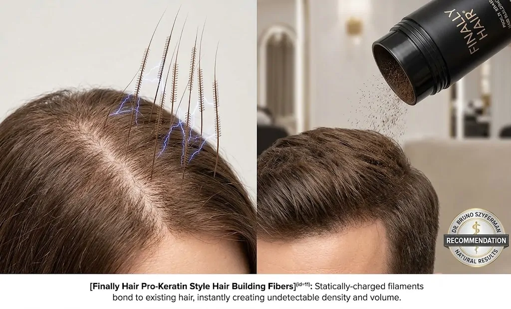 A photorealistic macro close-up photograph capturing the application of statically-charged Medium Brown pro-keratin style hair building fibers onto a woman's scalp. A black Finally Hair building fiber bottle is tilted, with a fine mist of tiny, individual hair fibers visibly cascading. On the left side of the frame, a distinct wide part line is visible through thinning brown hair, with many individual, tiny, fibrous brown particles seen clinging vertically to the existing hair shafts. On the right side, just after application, the area appears seamlessly filled in, creating an undetectable, full, and dense volume that completely conceals the previously wider part. Bright, focused spotlights illuminate the texture of the clustered fibers as they replicate natural hair color and volume. Subtle blue static charge lines connect a few descending fibers to the specific fine brown hair shafts, illustrating the electrostatic attraction and secure cling. A neutral background includes a blurred Finally Hair Fiber Lock Spray bottle and a professional Dr. Bruno Szyferman recommendation badge, confirming the natural results. This visual highlights the electrostatic bonding mechanism that transforms thin hair into visibly fuller, dense-looking hair.