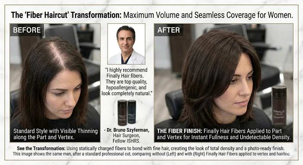 A before-and-after infographic showing a woman with thinning dark hair. The "Before" view shows scalp showing at the part. The "After" view, after applying Finally Hair Building Fibers, shows a full, natural, and dense hairstyle. The image includes a portrait of Dr. Bruno Szyferman, a hair surgeon, with his recommendation: "Top quality, hypoallergenic, completely natural."