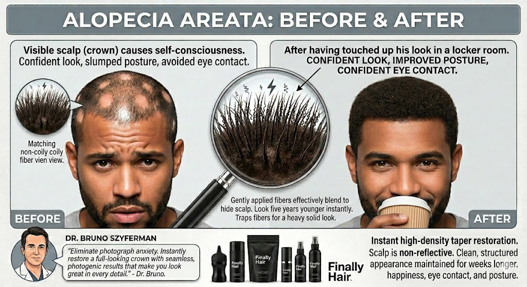 Before and after comparison showing Finally Hair fibers filling in circular bald spots caused by alopecia areata.