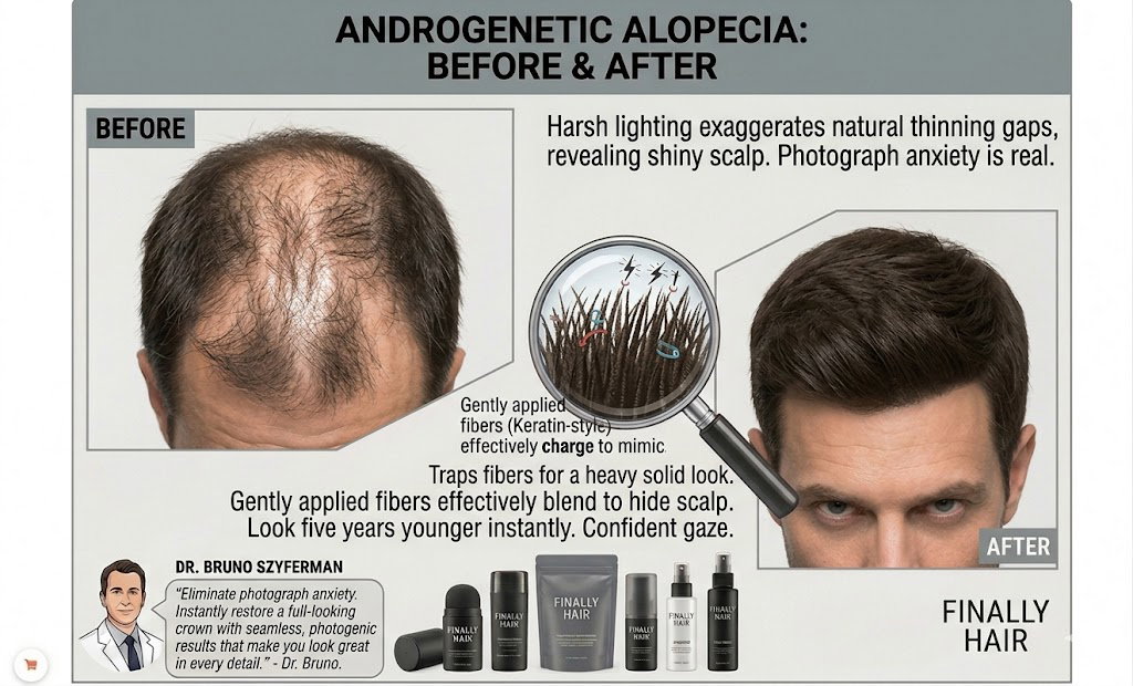 Before and after comparison showing how Finally Hair fibers conceal thinning on the crown caused by androgenetic alopecia.