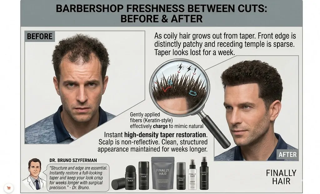 Before and after comparison showing how Finally Hair fibers maintain just-cut density between barber appointments.
