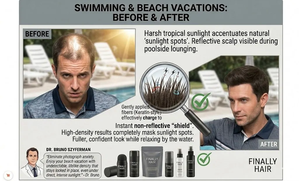 Before and after comparison showing how Finally Hair fibers act as a non-reflective shield against sunlight on the crown during a beach vacation.
