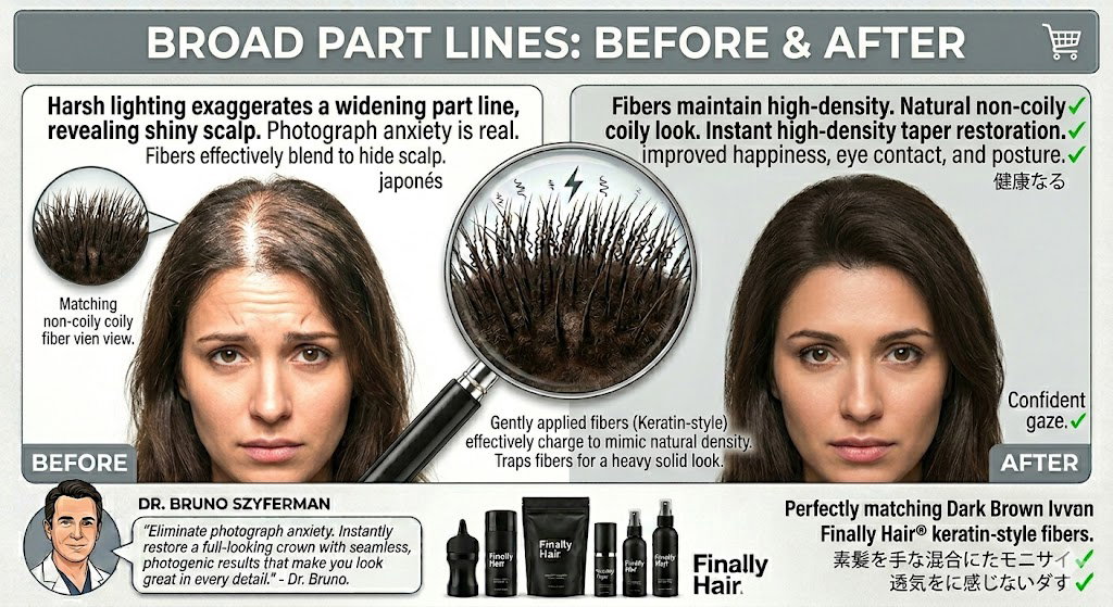 Before and after comparison showing Finally Hair fibers narrowing a widening part line for women.