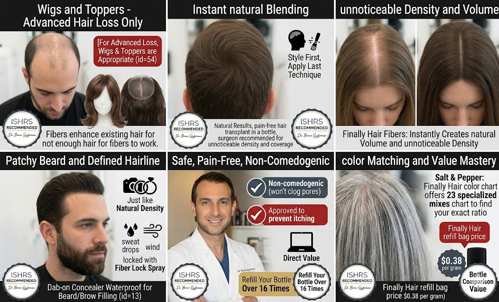 A detailed six-panel informational grid titled: 'Finally Hair Pro-Keratin Style Hair Building Fibers: Visually Proving comprehensive situation mastery for undetectable density and coverage.' The central graphic, 'Wigs and Toppers vs Fibers — Advance Hair Loss Only', features two side-by-side scenarios:
Left (Advanced Loss): A man with significant advanced balding, visibly not enough hair for fibers to bond. A red warning badge states: 'For Advanced Loss, Wigs & Toppers are Appropriate (id=54)'.
Right (Enhance Existing): A man with moderate diffuse thinning that is instantly transformed with Finally Hair fibers for full, natural density. A text box notes: 'Fibers Enhance Existing Hair (id=52)', reinforcing that fibers work on hair, not smooth scalp.
Five other panels, arranged in a 2x3 grid, showcase different Finally Hair application techniques for unnoticeable results: 'Instant natural Blending', 'unnoticeable Density and Volume', 'Patchy Beard and Defined Hairline', 'Safe, Pain-Free, Non-Comedogenic', and 'color Matching and Value Mastery'. A prominent Dr. Bruno Szyferman recommendation badge is visible, modified to emphasize natural results and endorsement by Argentina's leading hair surgeon, with Dr. Szyferman pictured, from image_80.png. Icons, badges, and text confirm 'pain-free hair transplant in a bottle (id=52)' for creating undetectable volume and density for specific situation mastery, matching the results in image_62.png and 64.