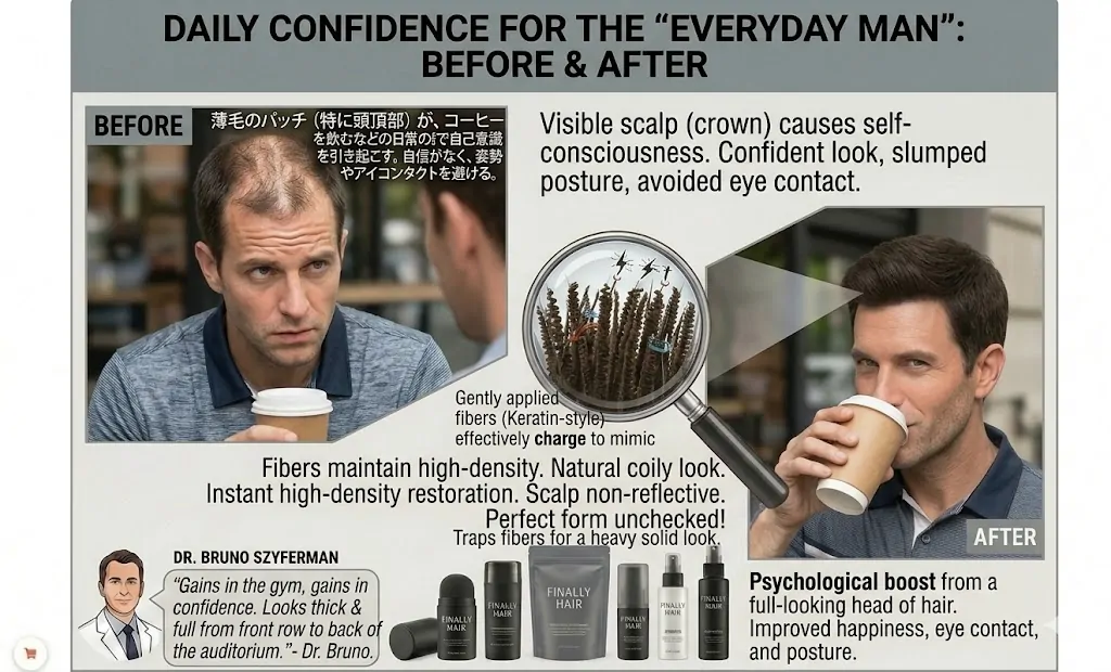 Before and after comparison of the Everyday Man enjoying coffee at a cafe, looking confident with full-looking hair using Finally Hair fibers.