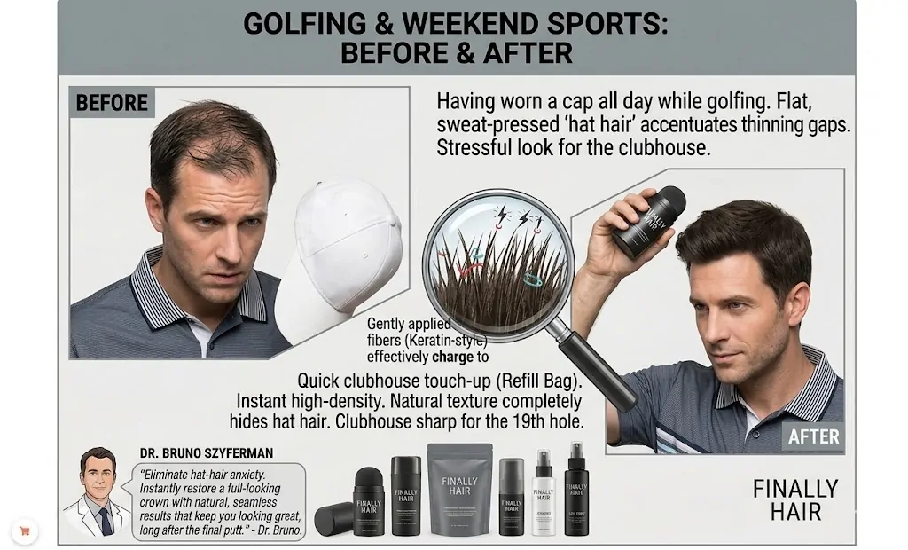 Before and after comparison showing a quick clubhouse touch-up after a day of golf using Finally Hair fibers.
