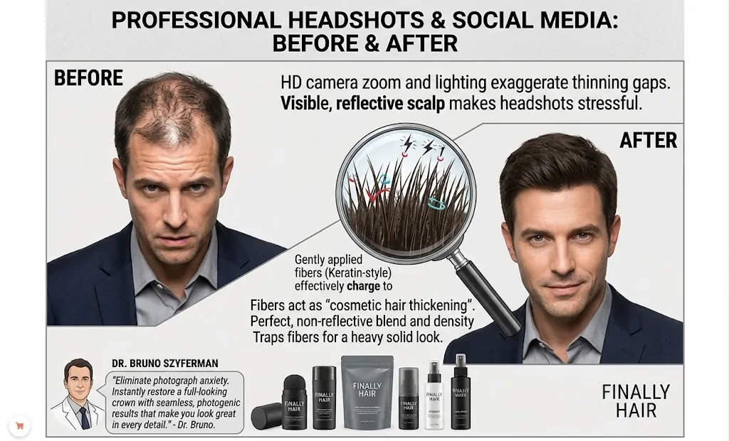 Before and after comparison showing how Finally Hair fibers fill density gaps that HD cameras typically exaggerate.
