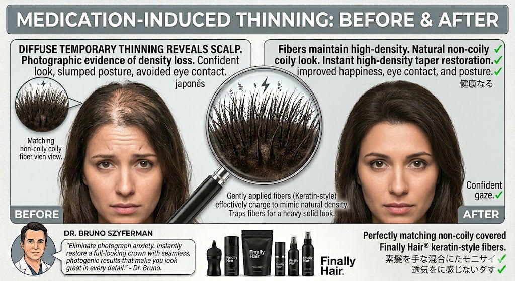 Before and after comparison showing Finally Hair fibers concealing diffuse thinning caused by medication side effects.