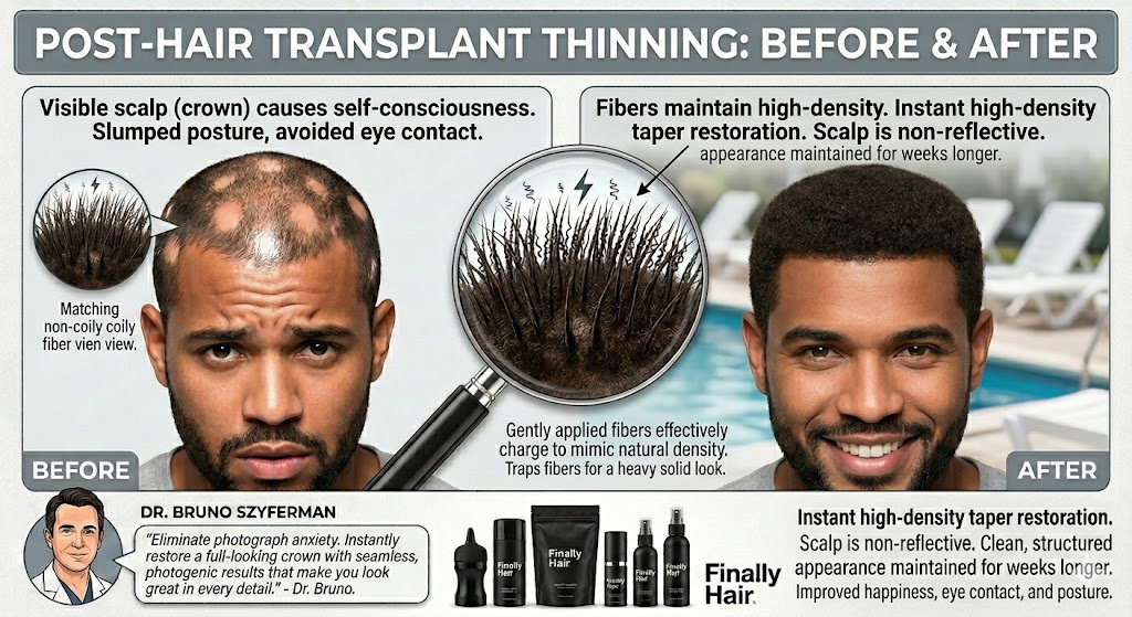 Before and after comparison showing Finally Hair fibers providing bridge density during the post-transplant dormant phase.