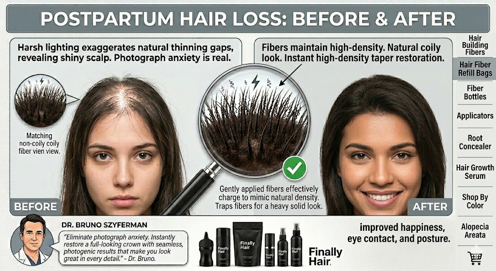 Before and after comparison showing Finally Hair fibers concealing postpartum diffuse thinning at the crown.