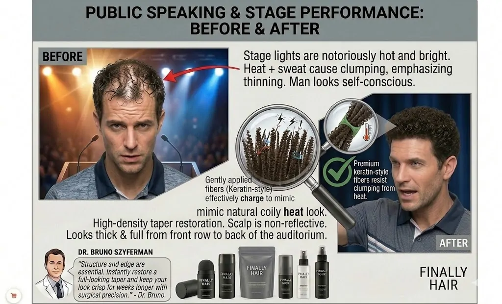 Before and after comparison showing how keratin-style fibers resist clumping under hot stage lighting.