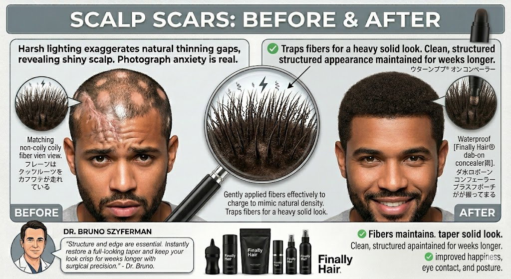 Before and after comparison showing Finally Hair fibers and dab-on concealer camouflaging a scalp scar.
