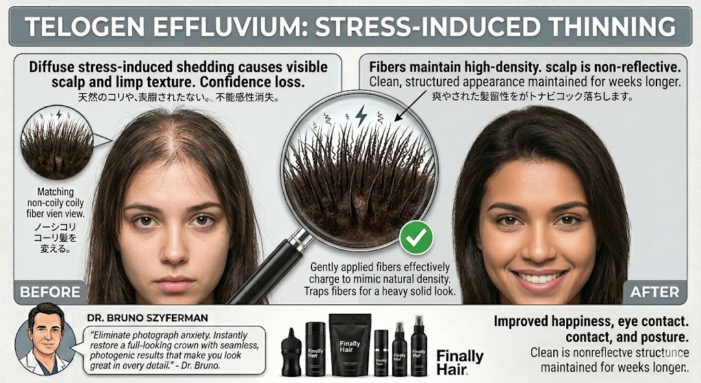 Before and after comparison showing how Finally Hair fibers add volume to hair affected by stress-induced shedding.