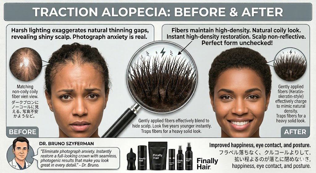 Before and after comparison showing Finally Hair fibers restoring the hairline and temples affected by traction alopecia.