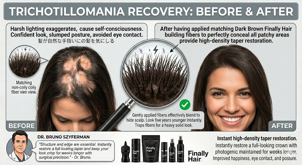 Before and after comparison showing Finally Hair fibers concealing patchy areas during trichotillomania regrowth.