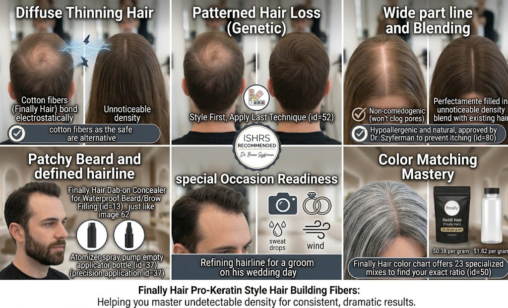 A six-panel infographic composite titled, 'Finally Hair Pro-Keratin Style Hair Building Fibers: helping you master undetectable density for consistent, dramatic results.' It visually proves the 'Bottom Line' that correct application using Finally Hair's specialized products delivers undetectable, natural volume. Each panel showcases specific types of hair loss with dramatic before-and-after transformations that blend naturally, consistent with the results in image_62.png. Modified Dr. Bruno Szyferman recommendation badges appear throughout, modified to emphasize natural results and endorsement by Argentina's leading hair surgeon, with Dr. Szyferman from image_80.png pictured. Top-Left (Diffuse Thinning): A woman's crown from significant thinning to unnoticeable density. Icons note 'Cotton fibers bond electrostatically', reinforcing Finally Hair's hypoallergenic cotton base. Top-Center (Patterned Hair Loss): A man's male-pattern vertex completely filled and unnoticeable. Icons guide, 'Style First, Apply Last Technique (id=52)'. Top-Right (Wide Part and Blending): A woman's significantly wide part is seamlessly filled with perfectly blended density that mimics natural density and volume, verified by badges: 'Non-comedogenic (won't clog pores)' and 'Hypoallergenic and natural, approved by Dr. Szyferman to prevent itching'. Bottom-Left (Patchy Beard and Line): A man's Dark Brown facial hair with a precise receding hairline. Patchy beard is filled and groomed, identical to image 62, matching natural density. Icons highlight: 'Finally Hair Dab-on Concealer for Waterproof Beard/Brow Filling (id=13)' and precision application using the 'Atomizer spray pump (id=37)'. Bottom-Center (Special Occasion): A groom's defined Receding hairline reinforced with seamless density. Icons: 'camera', 'wedding rings', 'sweat drops', and 'wind', noting hair is 'locked with Fiber Lock Spray (id=18)'. Bottom-Right (Color Mastery): Close-up of diverse Salt & Pepper hair perfectly matched and undetectable, as noted, 'Finally Hair offers 23 specialized mixes (id=50) to find your exact ratio.' A comparison of the refill bag price (id=20) (labeled '$0.38 per gram') with a generic bottle (labeled '$1.82 per gram') emphasizes value-driven choice. The graphic reinforces that correct product use results in natural, consistent fullness.
