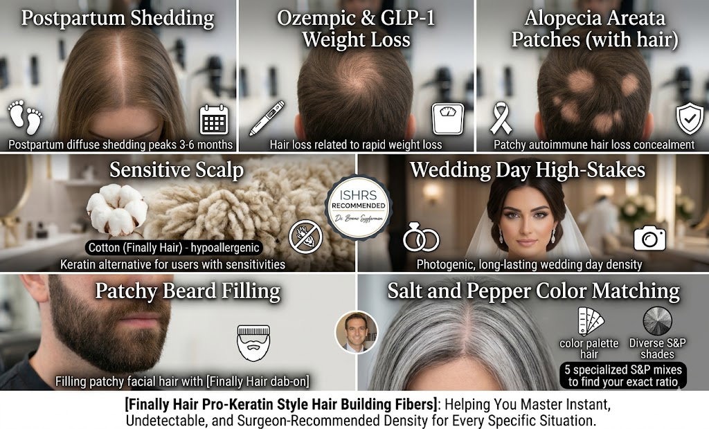 A detailed six-panel informational grid titled: 'Finally Hair Pro-Keratin Style Hair Building Fibers: Helping You Master Instant, Undetectable, and Surgeon-Recommended Density for Every Specific Situation.' Each panel features high-resolution before-and-after results and specific icons for various conditions: Postpartum Shedding: A woman's crown showing diffuse thinning, with text noting shedding peaks at 3-6 months. Ozempic & GLP-1 Weight Loss: A man's vertex with thinning related to rapid weight loss, featuring medical and scale icons. Alopecia Areata Patches: A man's scalp with distinct circular patches being fully concealed with Finally Hair fibers. Sensitive Scalp: A comparison between a soft cotton boll and coarse wool, highlighting Finally Hair’s hypoallergenic cotton-derived formula as a safe alternative to keratin. Wedding Day High-Stakes: A bride with full, voluminous hair, emphasizing photogenic, long-lasting density with icons of rings and a camera. Patchy Beard Filling: A close-up of a man's jawline being filled with Finally Hair dab-on concealer for a dense, groomed look. Salt and Pepper Color Matching: A close-up of grey and dark hair blending, noting 5 specialized S&P mixes to find an exact ratio. The central ISHRS Recommended Seal and a portrait of Dr. Bruno Szyferman anchor the graphic, reinforcing that these fibers are the professional choice for undetectable results in any specialized hair loss scenario.