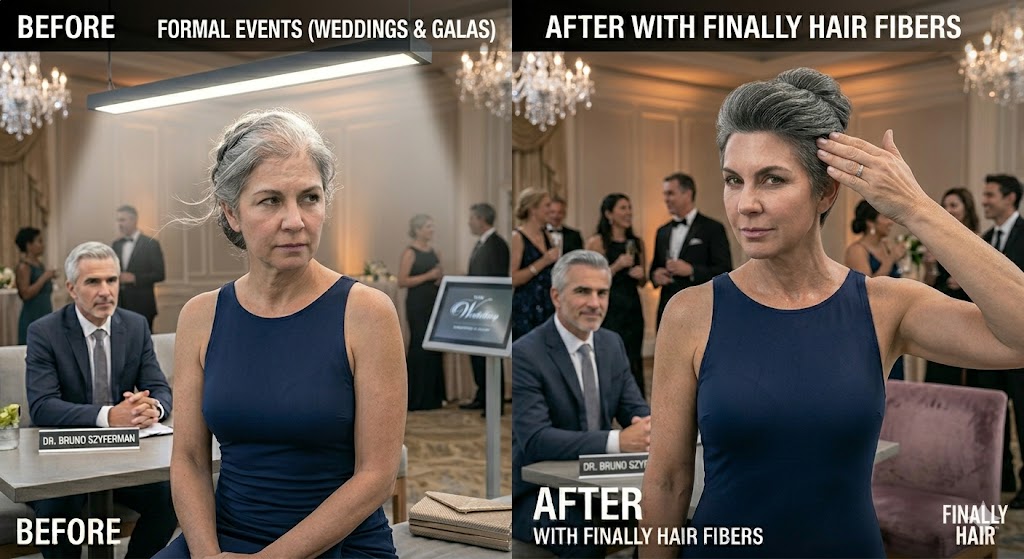 Before and after comparison of a woman's updo for a formal gala, showing how Finally Hair fibers fill in scalp visibility at the crown.