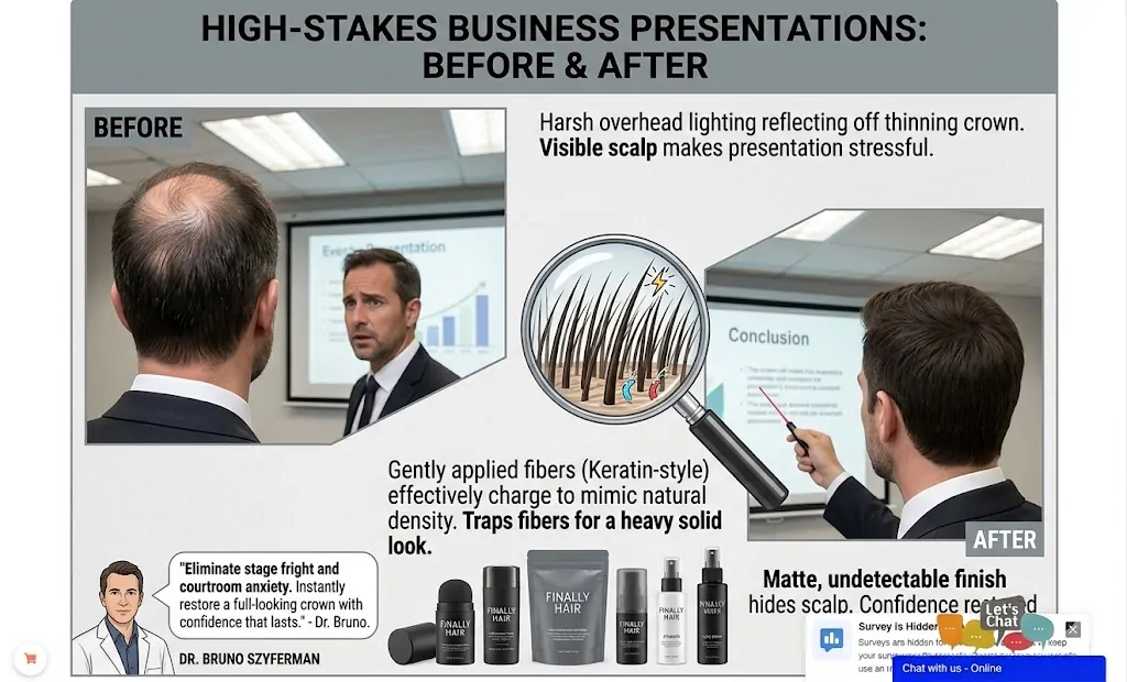 Before and after comparison of a man giving a business presentation, showing how Finally Hair fibers create a matte, undetectable finish under bright office lighting.